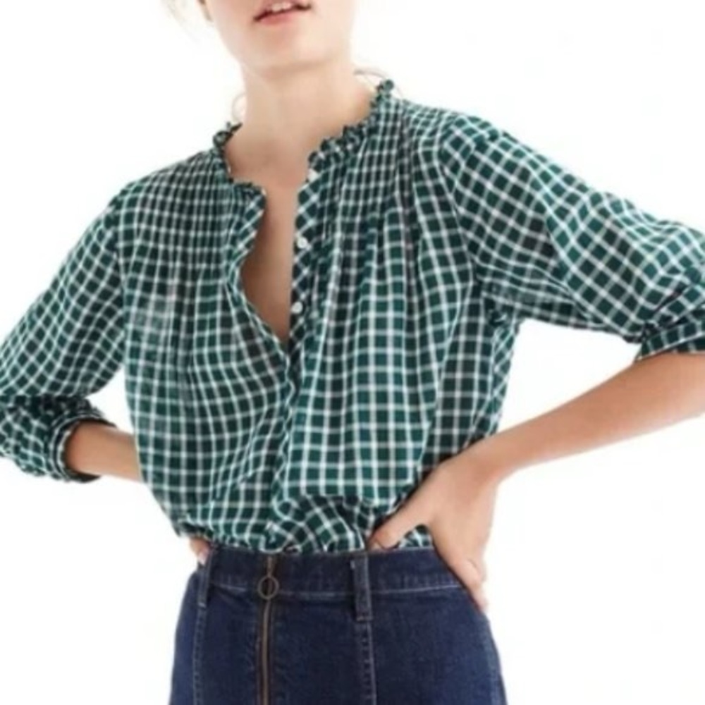 J. Crew Tall Gingham Pleated Bib Ruffle Trim Blouse Long Sleeve Top